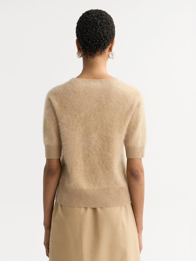 Brushed Cashmere V-neck T-shirt in Camel