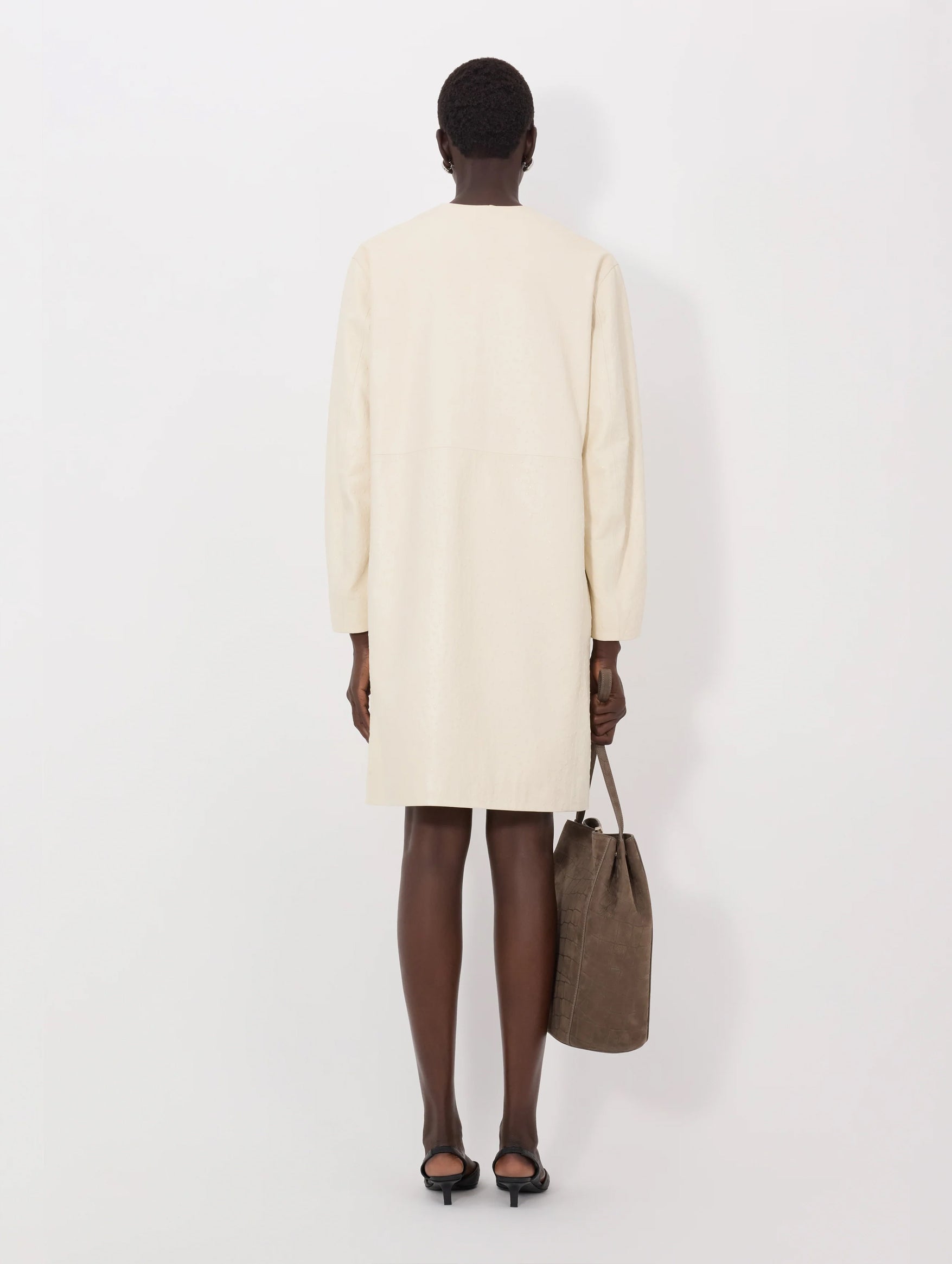 Yari Ostrich-effect Leather Coat in Ivory