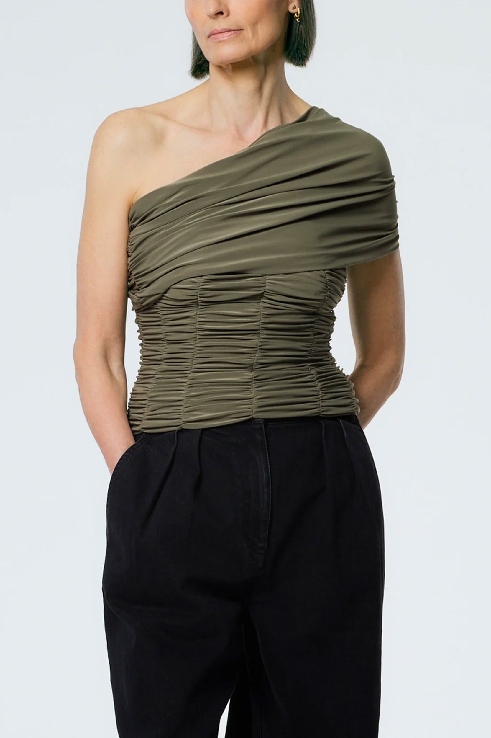 Drapey Jersey Ruched Strapless Top in Granite