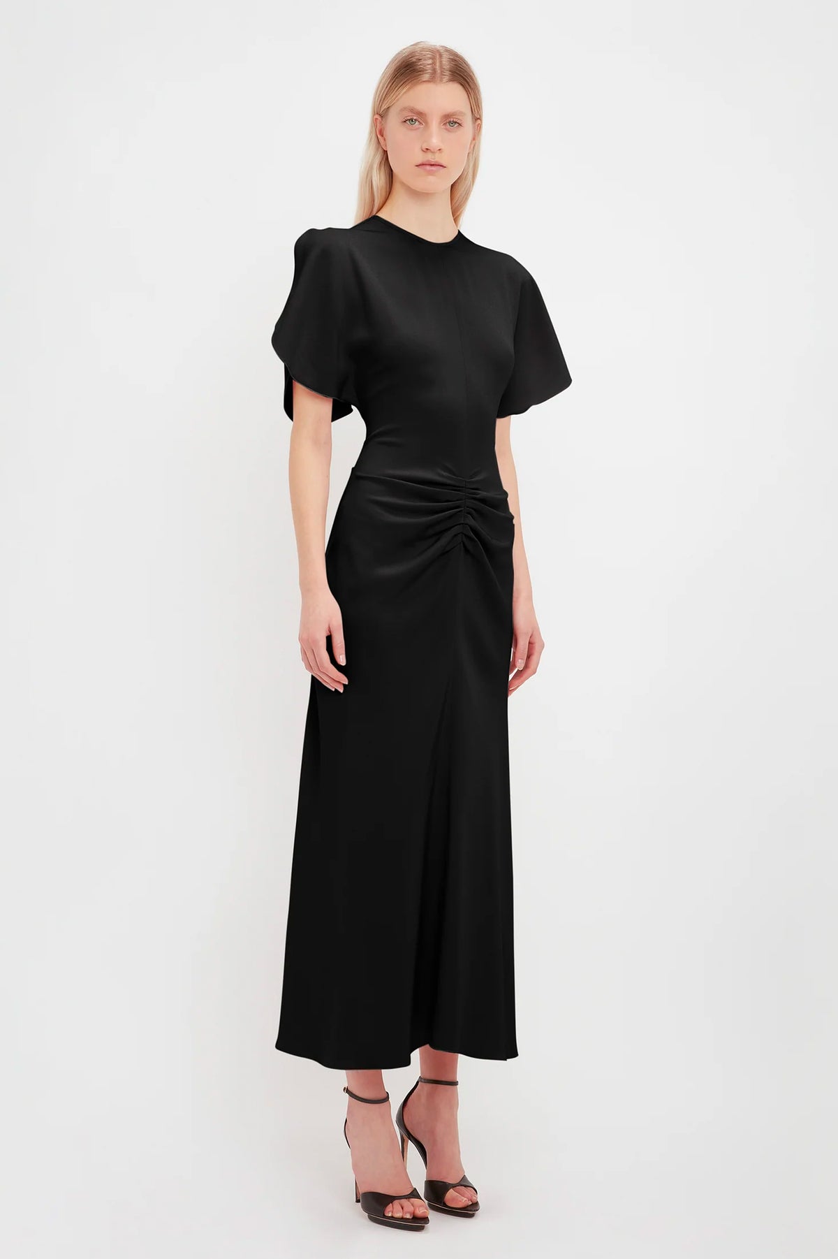 Gathered Waist Midi Dress in Black