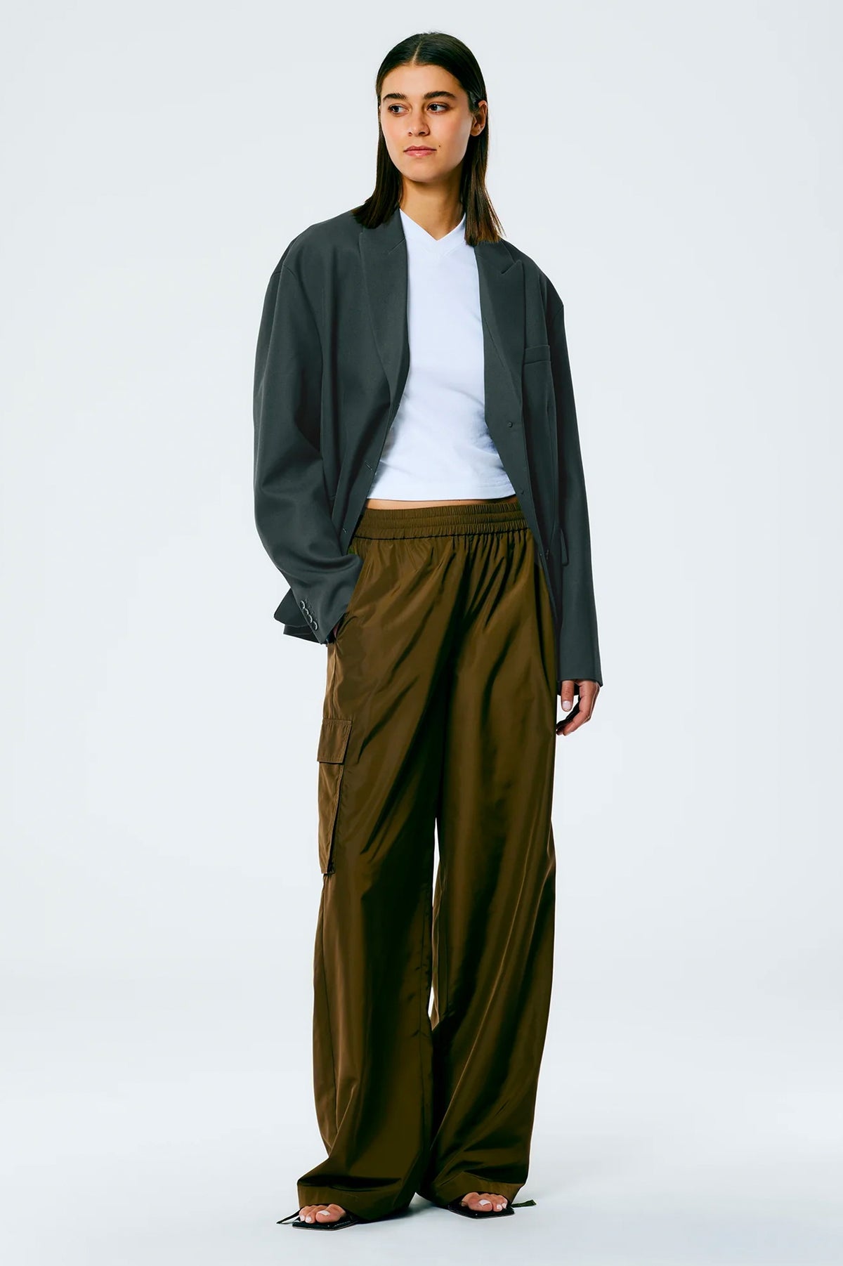 Italian Sporty Nylon Wide Leg Pant in Wood