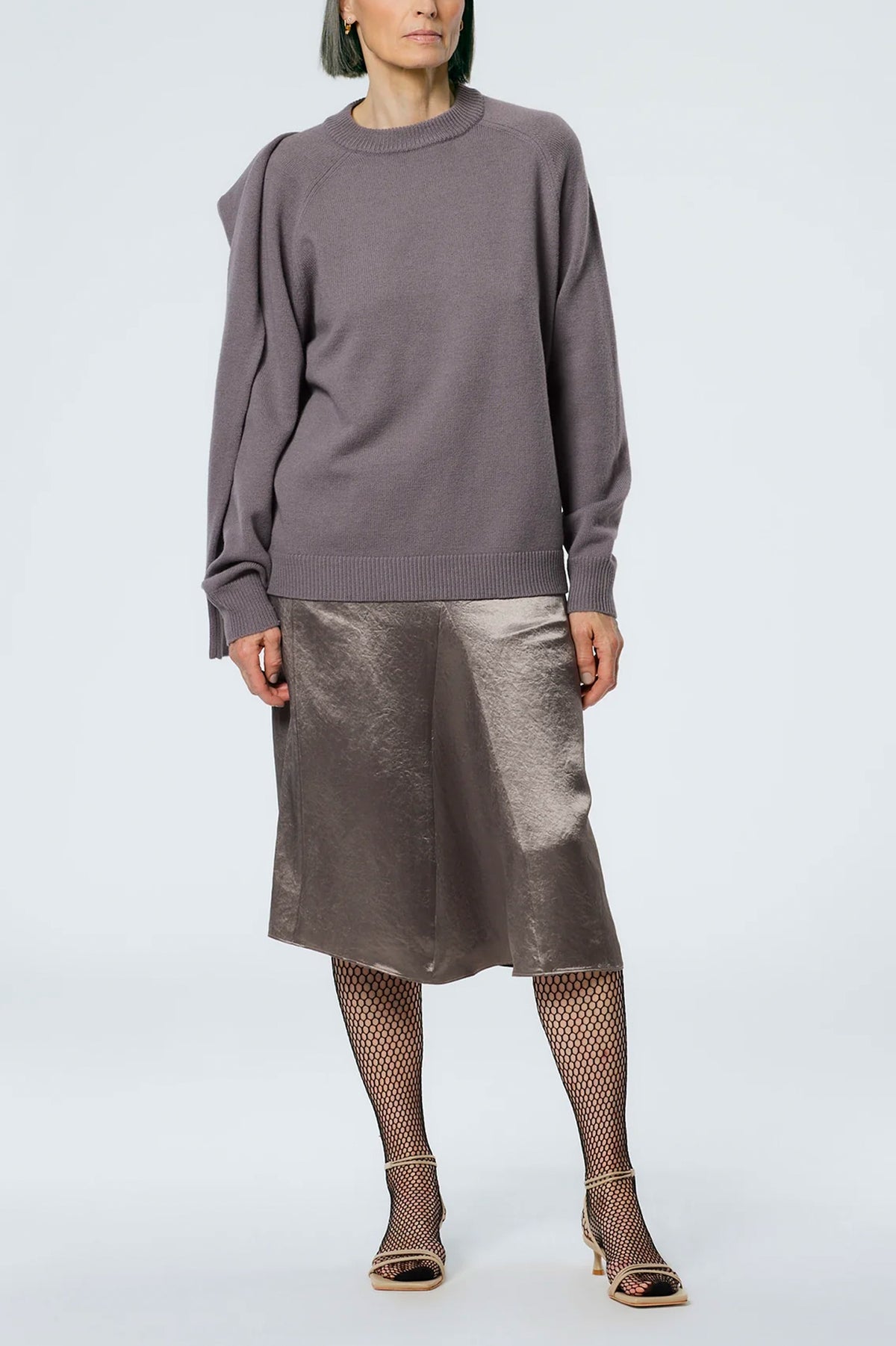 Sion Satin Godet Midi Skirt in Slate Grey